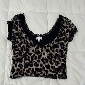 La Hearts Leopard Print Crop Top with Black Lace